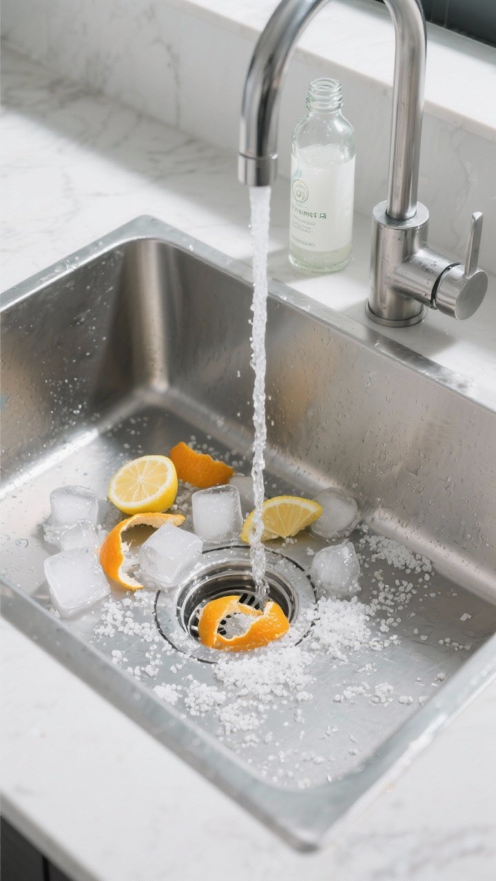 Medium overhead shot of a stainless sink with garbage disposal refresh: a handful of ice cubes and bright lemon and orange peels in the drain opening, coarse rock salt scattered around, cold water running in a thin stream; a small bottle of white vinegar nearby for the final splash; cool, crisp lighting, clean modern faucet.