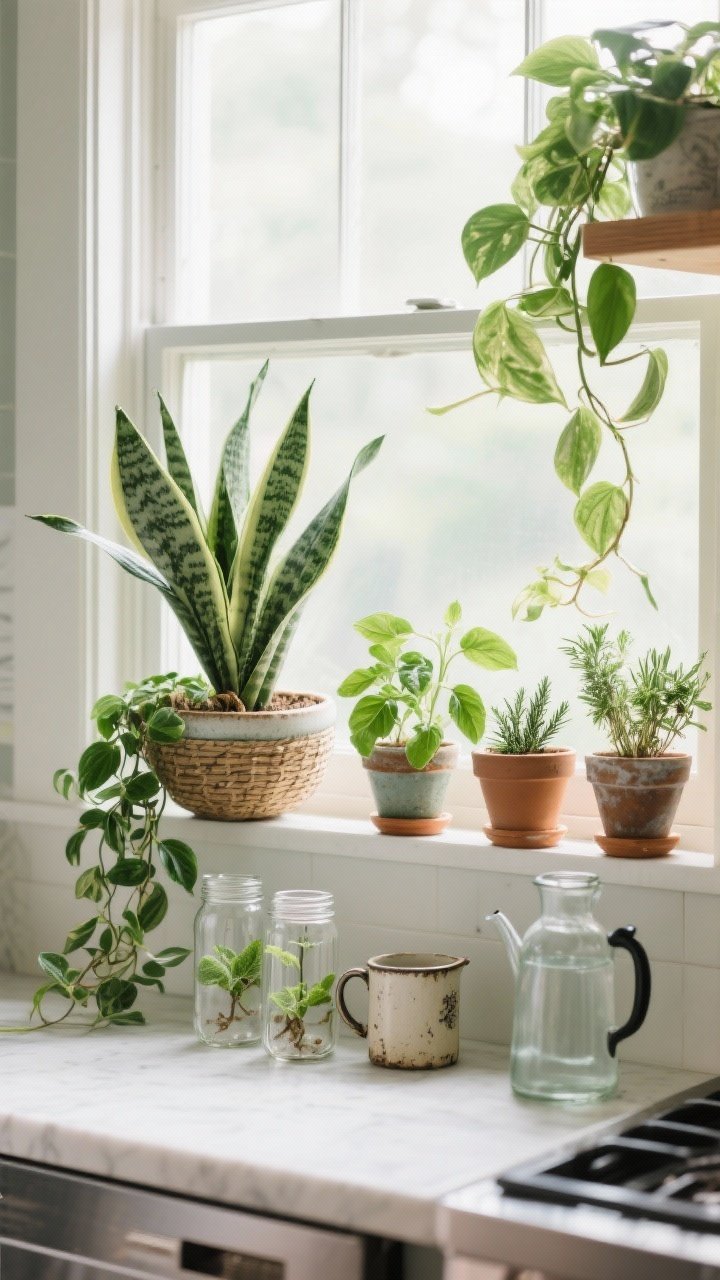 Medium shot: A low-fuss indoor garden vignette by a bright kitchen window—snake plant and ZZ plant in repurposed vessels (a ceramic bowl, a lined basket, and an old mug), trailing pothos and philodendron cascading from a shelf, and a small lineup of herb pots (basil, mint, rosemary) on the sill; a few glass jars with propagation cuttings catching light; a discreet watering jar suggestive of saved cool kettle water; lush, sculptural greenery with gentle daylight.