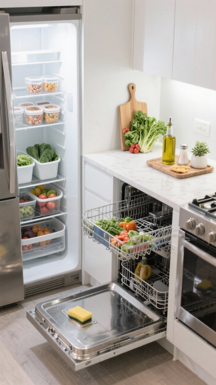 Medium shot: A refreshed kitchen corner with a just-swept fridge interior visible through an open door (organized bins, grouped produce), a cutting board with washed greens and chopped veggies, portioned snack containers, and an empty, ready-to-load dishwasher with door ajar; the sink basin scrubbed to a sparkle with a fresh sponge; a pretty tray by the stove holding olive oil, a salt cellar, and a tiny plant; bright, clean task lighting, photorealistic.