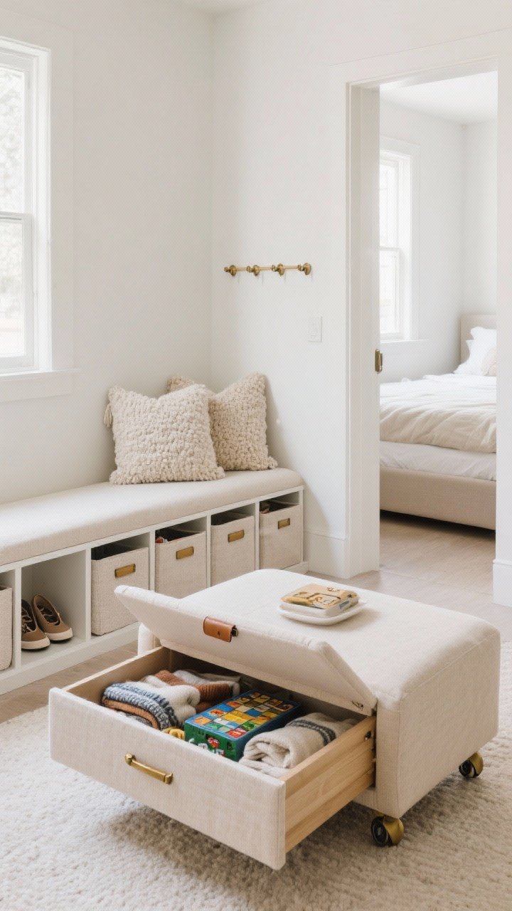 Medium shot: A small living room corner featuring a light, neutral fabric ottoman coffee table with a lift-top raised to reveal neatly stashed blankets and board games; a slim storage bench in a soft beige linen under a wall peg rail by the entry with shoes hidden inside and two boucle-textured pillows on top; under-bed drawers on wheels peeking from a low-profile bed in the background; fabric cube bins in linen and boucle textures slid into a white shelving unit, with brass and leather handles adding an elevated touch; soft natural daylight, clean, clutter-free styling, light walls that blend with the storage pieces.