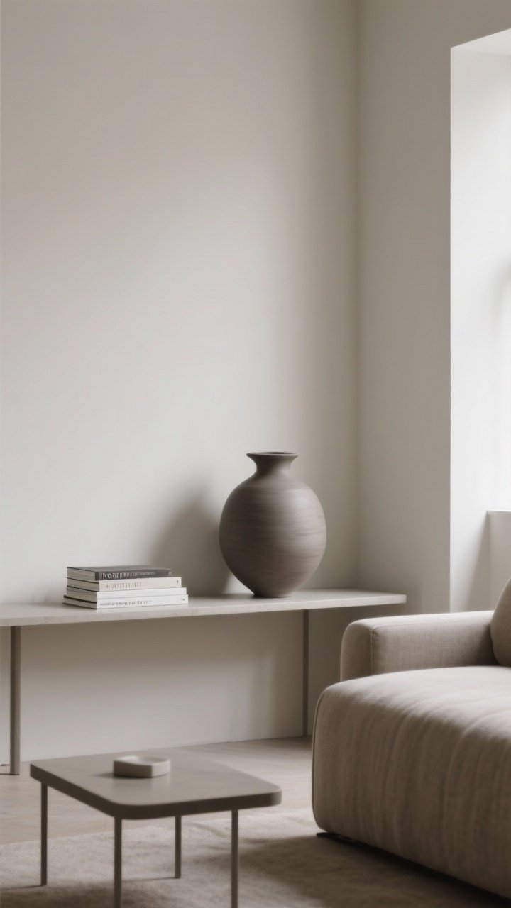 Medium shot: A small living room corner with a single “hero” sculptural matte-ceramic vase on a slim console, surrounded by intentional negative space and a blank wall; surfaces (coffee table, nightstand) are cleared, with one neatly stacked book and nothing else; muted natural light from a side window; calm, minimalist vibe that suggests ruthless editing and one beloved object breathing on its own.