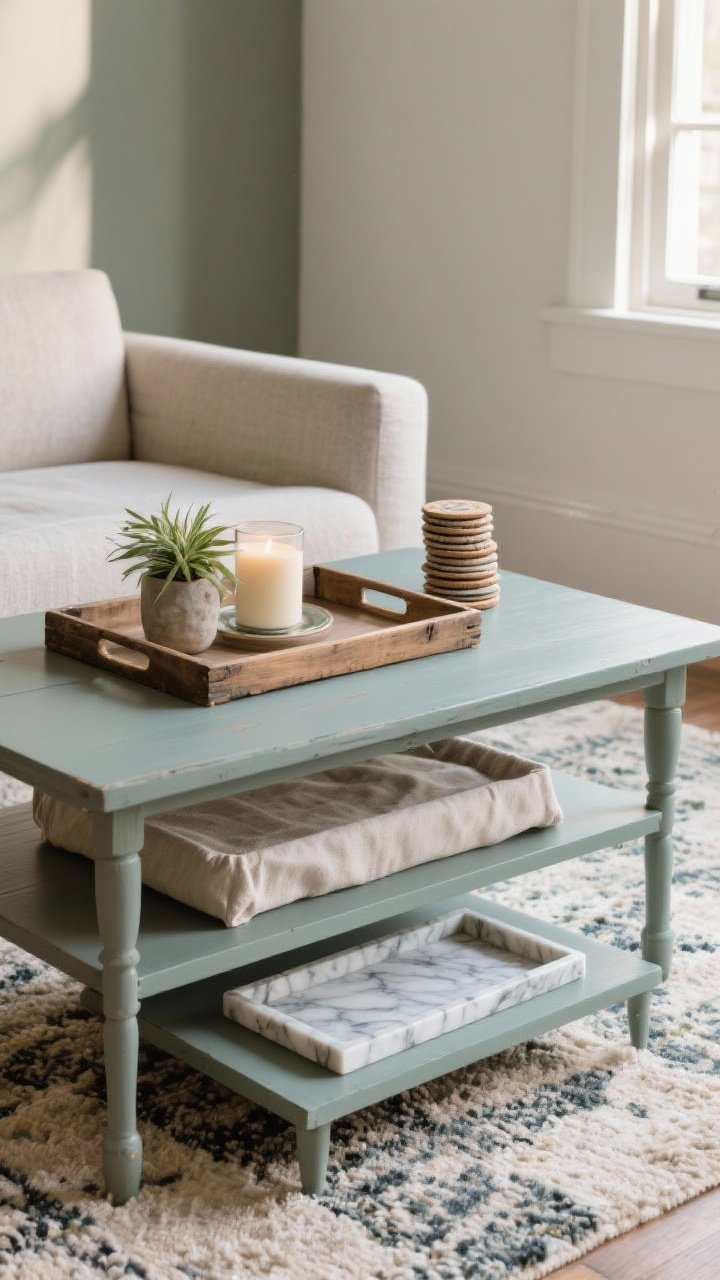 Medium shot: A styled coffee table with a slightly-smaller-than-table matte-painted thrifted wooden tray in a color that complements a nearby rug and sofa, layered with a candle, a small plant, and a tidy stack of coasters; include a second fabric-lined tray option visible on a lower shelf with linen or patterned upholstery fabric sealed smooth, and a third basic tray upgraded with crisp marble contact paper edges; natural daylight from a side window, soft shadows, textures of matte paint, linen fabric, and faux-stone finish, straight-on angle for a curated, intentional look.