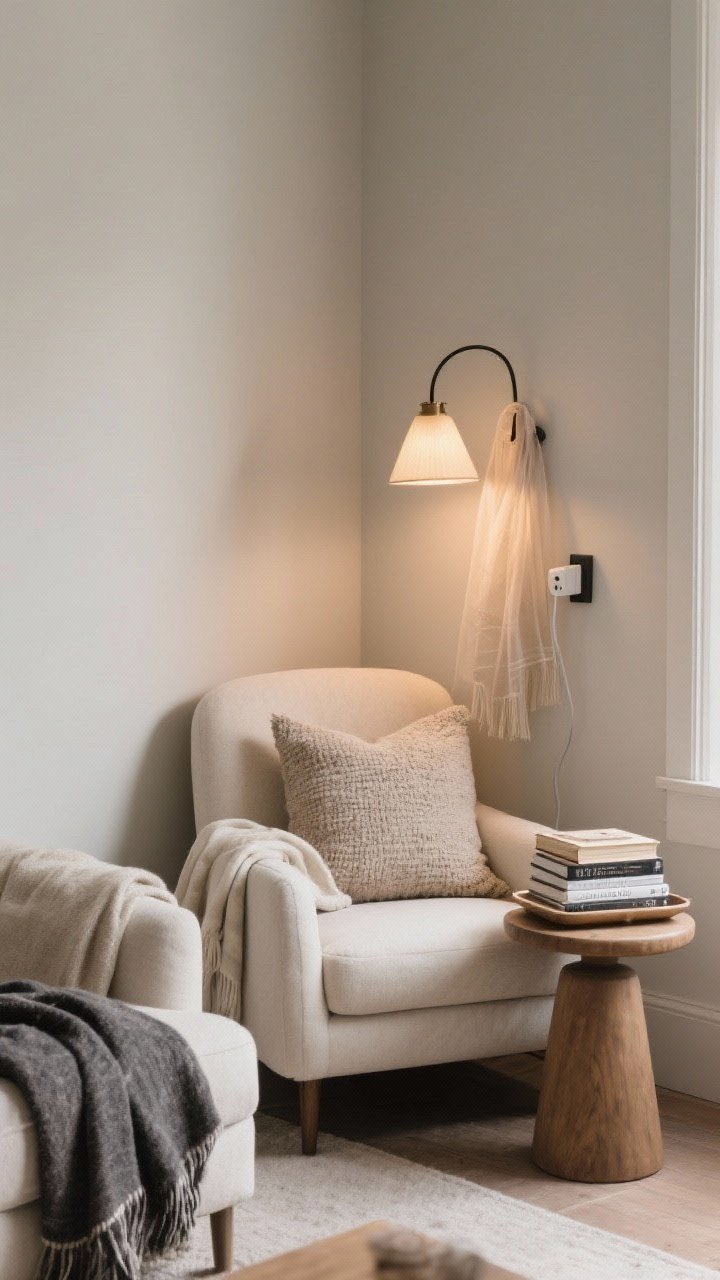 Medium shot, corner angle: A micro-reading nook carved into a living room corner—low armchair with a soft throw and textured pillow, a plug-in clip sconce casting warm ambient light, a small round stool holding a neat stack of books and a shallow tray; optional sheer scarf draped over the lampshade for diffused glow (not touching bulb); muted palette of cream, oat, and charcoal with layered textiles for coziness.