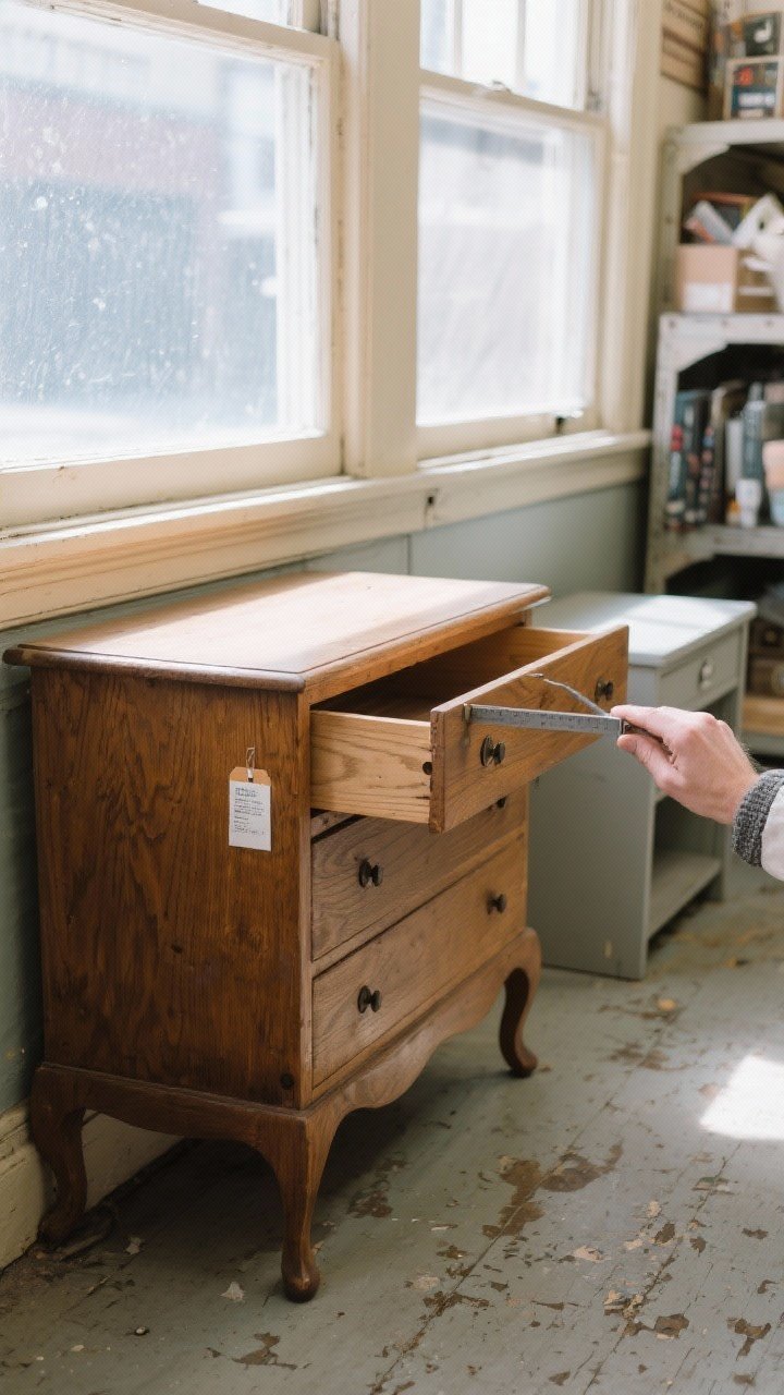 Medium shot, corner angle of a thrift store aisle featuring a solid wood dresser with dovetail drawers partially open to show tight joinery, curvy cabriole legs, and clean-lined silhouette; emphasis on inspecting hardware holes with a small metal ruler checking pull spacing; show natural morning light filtering through front windows, subtle dust motes; include label tag on the back panel, visible underside with no water damage; muted thrift-store palette with worn wood tones, chipped finishes, and a contrast between a hollow-sounding MDF nightstand nearby and the solid wood piece in focus; no people.