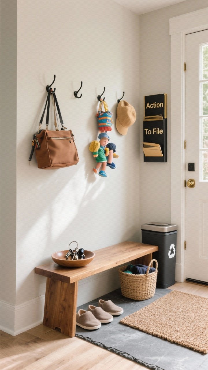Medium shot, entry drop zone that actually works. Show hooks at different heights for bags, hats, and kids’ items on a light neutral wall; a shallow bowl or tray at hand level for keys and earbuds placed exactly where a hand would land; a low-profile shoe mat with a small basket for just the week’s shoes/slippers; and a vertical file/magazine holder labeled “Action” and “To File” for mail, with a recycle bin nearby. Natural wood bench, slate or coir mat, matte black or brass hooks, soft afternoon natural lighting, practical and reachable.