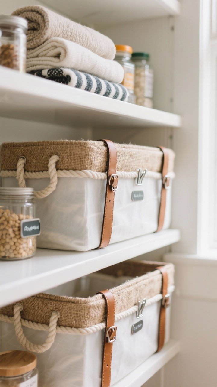 Medium shot from a slight corner angle: elevated storage baskets created by wrapping cotton rope around square plastic bins, with the top 2 inches switched to contrasting jute for a designer color-block; faux leather handle strips (cut from a belt) attached on both sides; neatly arranged on open shelving with folded throws and pantry goods; small metal label clips on fronts; bright, natural light highlighting rope texture.