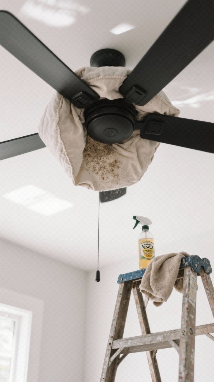 Medium shot from a slight upward angle of a ceiling fan being cleaned with a pillowcase: an old cotton pillowcase slid over a fan blade capturing dust inside, fine dust visible on the inner fabric; a separate microfiber cloth and a small spray bottle labeled vinegar-water mix on a nearby ladder step; modern matte-black fan against a white ceiling, daylight streaming in, no dust falling.