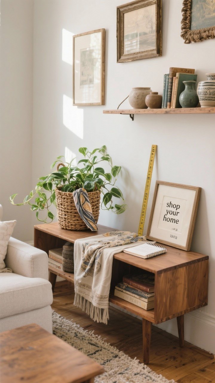 Medium shot, natural daylight: A curated living room vignette showing a “shop your home” moment—an unused woven basket repurposed as a plant holder with a thriving pothos, a silk scarf turned into a casual table runner on a small side table, and rotated art leaned against the wall. Include a mix of thrifted frames, a restyled shelf with books and ceramics, a tape measure and a small notebook with written frame and rug measurements on the table. Soft, neutral palette with warm wood tones and subtle texture; straight-on view, no people.