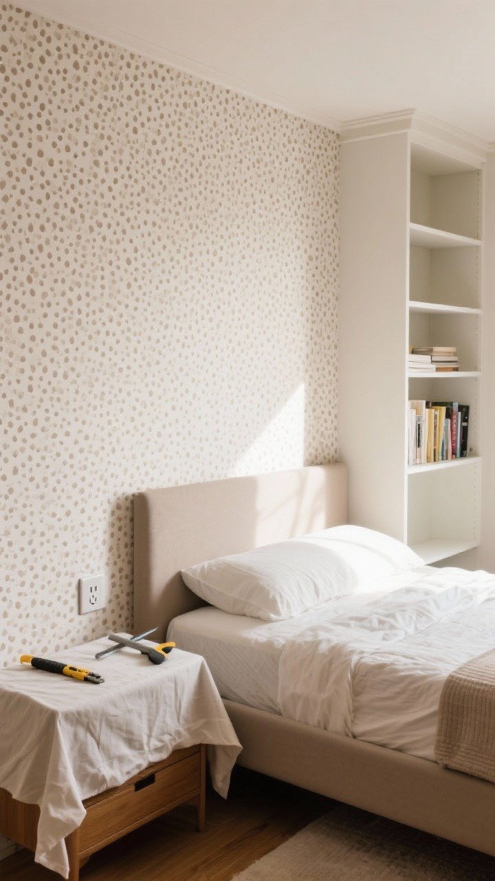 Medium shot of a bedroom statement wall covered in small-pattern, peel-and-stick wallpaper behind a low-profile bed, with matching removable wallpaper lining the back panel of a nearby built-in bookshelf; include smooth installation details: edges neatly trimmed around an outlet, a squeegee resting on the dresser, utility knife on a folded drop cloth; warm morning light, matte finish wallpaper, forgiving small-scale pattern in soft taupe and white, renter-safe vibe, straight-on perspective