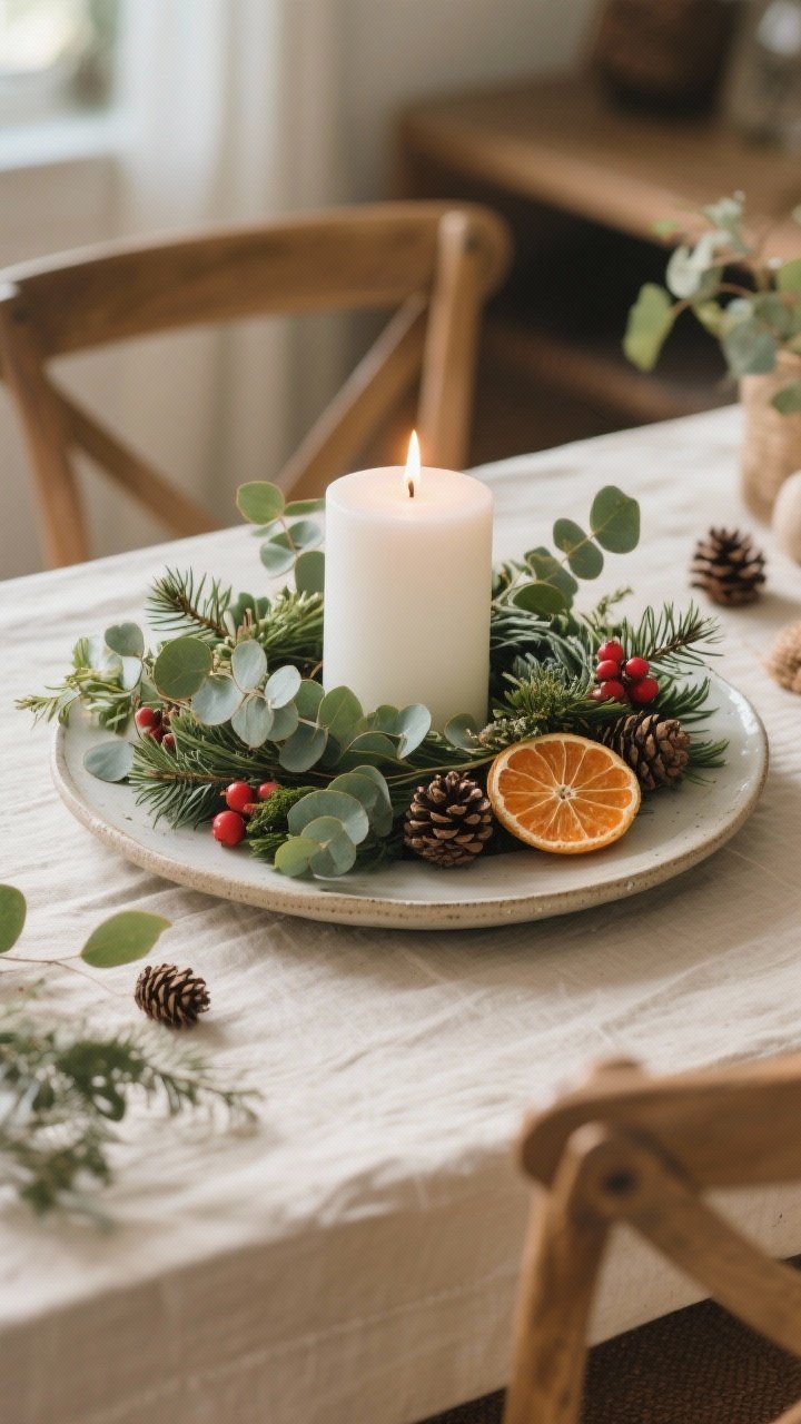 Medium shot of a nature-foraged candle ring centerpiece: a white pillar candle placed on a simple ceramic plate base, surrounded by layered greens—eucalyptus, pine, and ivy tucked in overlapping for fullness; textured accents of small pinecones, dried orange slices, and a few red berries for contrast; maintain a slight safety gap between flame and foliage; cozy dining table setting with natural afternoon light and organic, textural vibes.