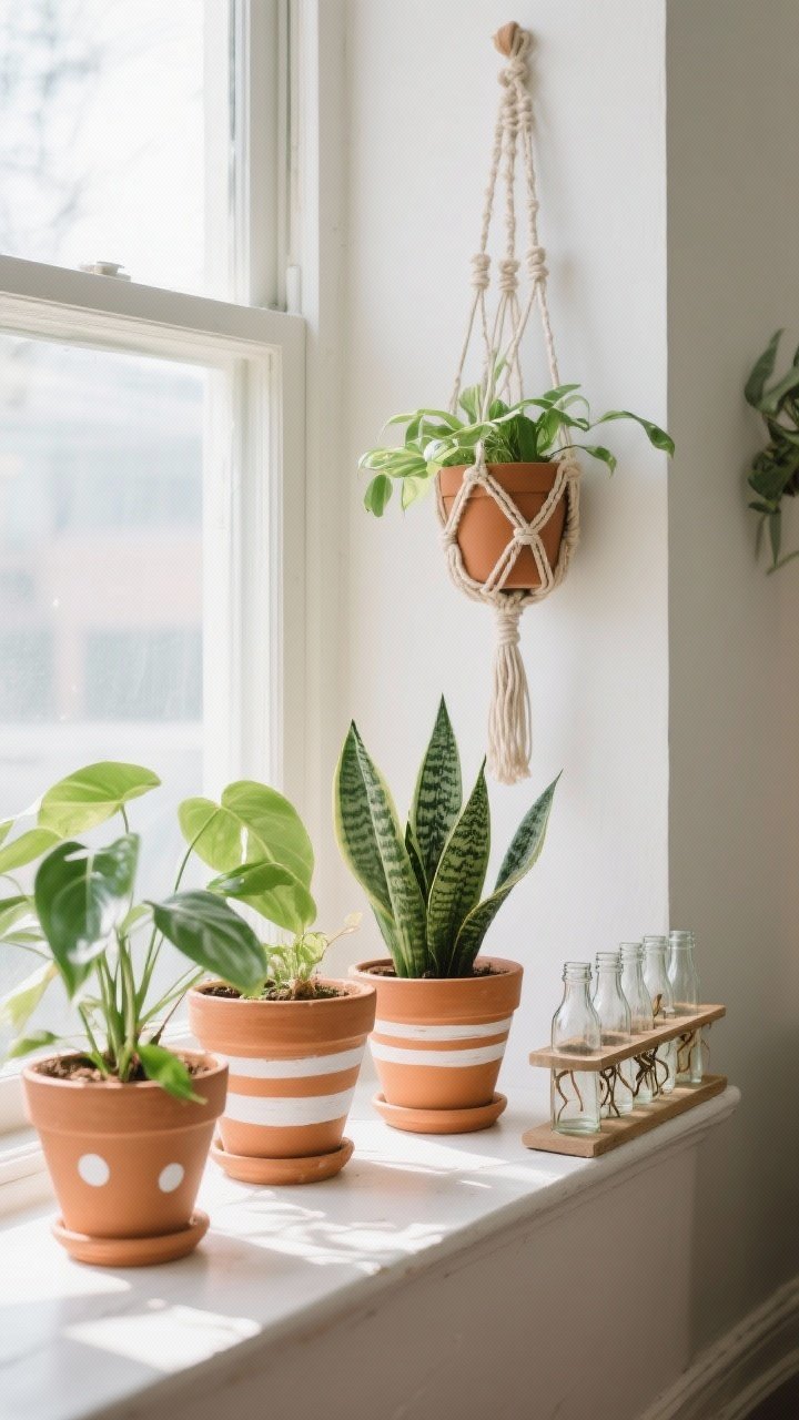 Medium shot of a sunny windowsill and adjacent corner showcasing plant upgrades: painted terracotta pots with simple white stripes and dots (sealed, slightly satin), a trio of low-maintenance plants (pothos, snake plant, ZZ plant), a hanging planter suspended by macramé cord softening the corner, and a propagation station of glass bottles aligned on the sill with visible water roots; bright indirect daylight, fresh greenery, earthy textures of clay and cord, crisp, calm atmosphere
