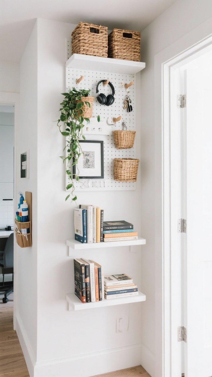 Medium shot of a vertical storage wall in a small entry-office nook: floating shelves styled in odd-number groupings with books, a trailing plant, and framed art, leaving intentional negative space; a tall bookcase drawing the eye up with woven baskets on top for hidden storage; a pegboard with modular hooks holding headphones, keys, and small baskets; an over-the-door organizer visible on a nearby door with cleaning supplies; clean, bright lighting, tidy and intentional.