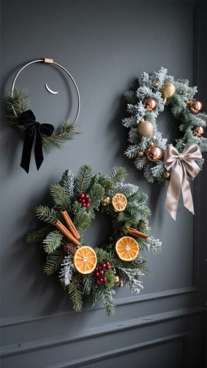 Medium shot of three winter styles on a matte charcoal wall: left—Nordic Minimal metal hoop with a half-moon of cedar branches tied by a black velvet ribbon; center—Traditional Evergreen mix of faux pine, cedar, and juniper with dried orange slices, cinnamon sticks, and a small cranberry cluster; right—Glam Night wreath of lightly flocked greenery adorned with champagne and copper metallic ornaments and a satin bow; cool, crisp winter lighting with gentle highlights, straight-on composition, photorealistic.