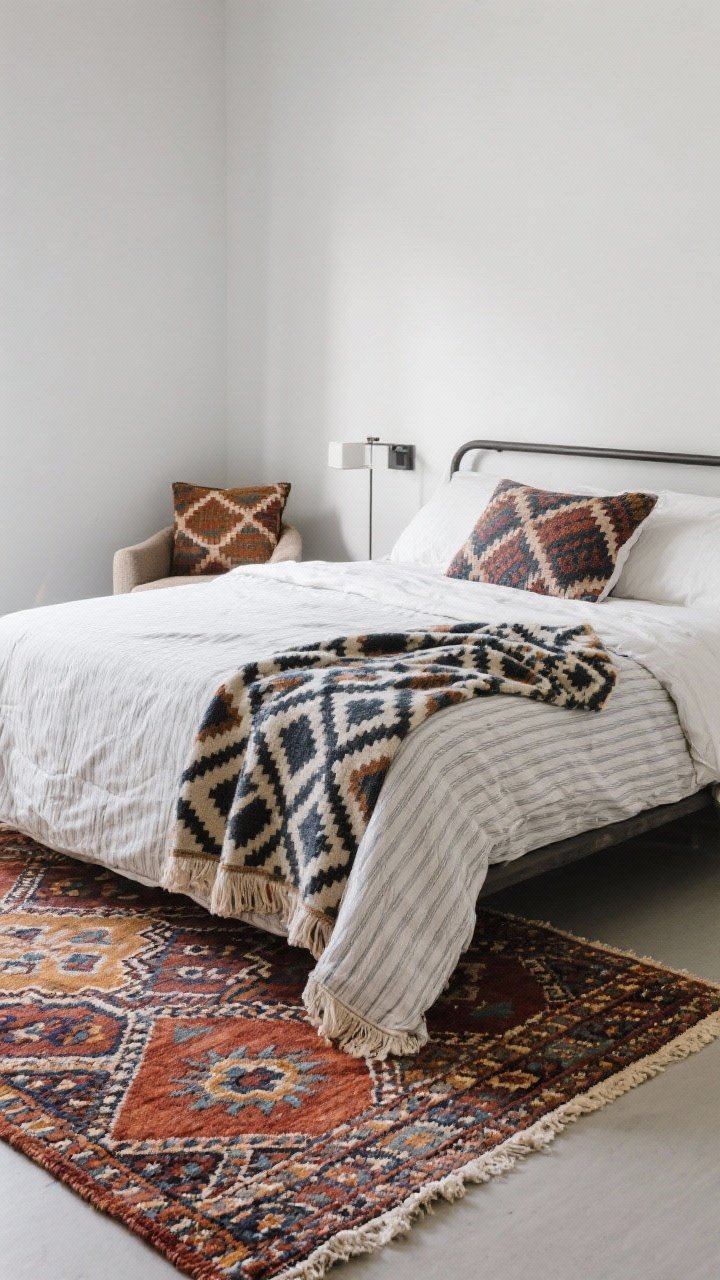 Medium shot: Pattern mix following the 1-2-3 rule. On a modern bed: a bold Moroccan-style rug peeking out with rich geometric motifs, a medium-scale block-printed throw draped across the bed, and micro pinstripe sheets just visible at the pillow edge. Colors repeat subtly in a nearby chair cushion. Plenty of breathing room, straight-on perspective, neutral walls and clean-lined bed frame keep it modern.