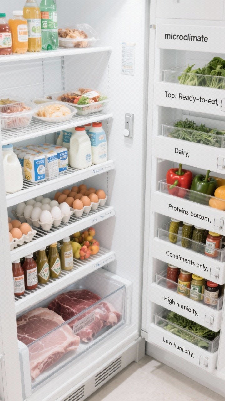 Medium shot, slight overhead angle highlighting “microclimate” shelf strategy: top shelf with drinks, leftovers, and ready-to-eat items; middle shelves dedicated to dairy and eggs; bottom shelf shows raw meat or fish in a leak-proof bin; door shelves lined only with condiments and pickles; crisper drawers labeled and set for high-humidity (leafy greens, herbs) and low-humidity (fruits, peppers), with humidity sliders visible. Include small interior signs indicating “Top: Ready-to-eat,” “Dairy,” “Proteins bottom,” “Condiments only,” “High humidity,” “Low humidity.” Clean, cool white lighting.