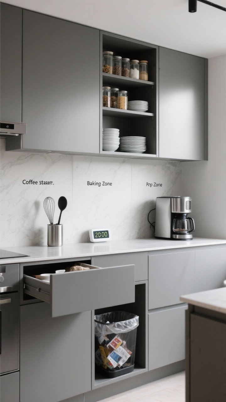 Medium shot, straight-on: A contemporary kitchen with defined task zones labeled subtly: coffee station, baking zone, prep zone. Open cabinet doors show pared-down dishware; a drawer with one good whisk, one ladle, one spatula set; pantry shelf with decanted staples and expired items in a discard bin. Counters hold only daily-use appliances (coffee maker out, blender stored). Cool morning light, stainless steel and matte ceramic textures, a small timer on the counter reading 20:00 to reference mini-sprints.