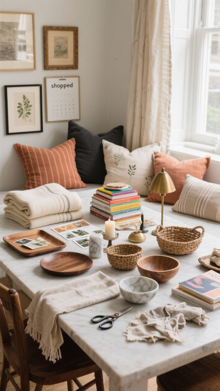 Medium shot, straight-on: A dining table cleared and used as a staging surface, covered with a neatly curated spread of “shopped” home items—folded throw blankets in cream, charcoal, and muted terracotta; assorted throw pillows with subtle stripes and small prints; a rolled table runner; unused linen curtains; a mix of trays (wooden, marble), bowls, woven baskets, candleholders, and a small brass lamp; a stack of colorful books and magazines; a scattered collection of frames holding old prints, postcards, and a botanical calendar page; a few fabric scraps and a pair of scissors. Natural daylight from a nearby window, calm, intentional mood, photorealistic, no people.