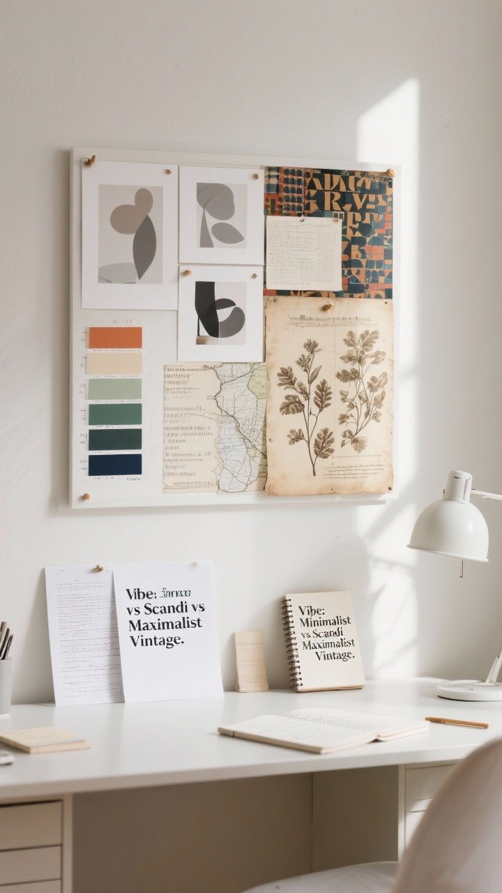 Medium shot, straight-on: A tidy desk scene with a small mood board pinned above—6–8 images showing minimalist whites and soft grays, Scandi organic muted tones with abstract shapes and natural textures, a maximalist swatch of contrasting colors and layered patterns with oversized text, and a vintage/academic card featuring sepia botanicals, antique map fragments, and classic serif fonts. Include color swatches labeled terracotta, sage, navy, cream; printouts of font names; and a notepad titled “Vibe: Minimalist vs Scandi vs Maximalist vs Vintage.” Soft natural daylight from the left, neutral wall, no people, photorealistic.