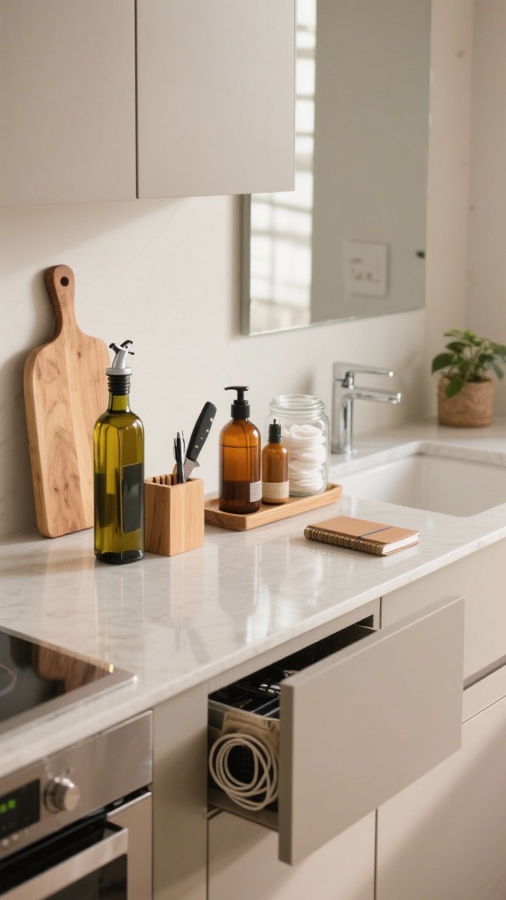 Medium shot, straight-on countertop scenes following the “in plain sight” rule, arranged as grouped moments: - Kitchen segment: a single wooden cutting board, a pretty olive oil bottle, and one knife block on a clear counter; mismatched gadgets hidden. - Bathroom segment: amber glass soap and lotion bottles and a clear jar of cotton rounds on a small tray. - Office segment: a pen cup, one notebook, and a small plant; cables tucked into a discreet pouch. Neutral counters, grouped items read as one intentional display, warm natural light, minimal visual noise.