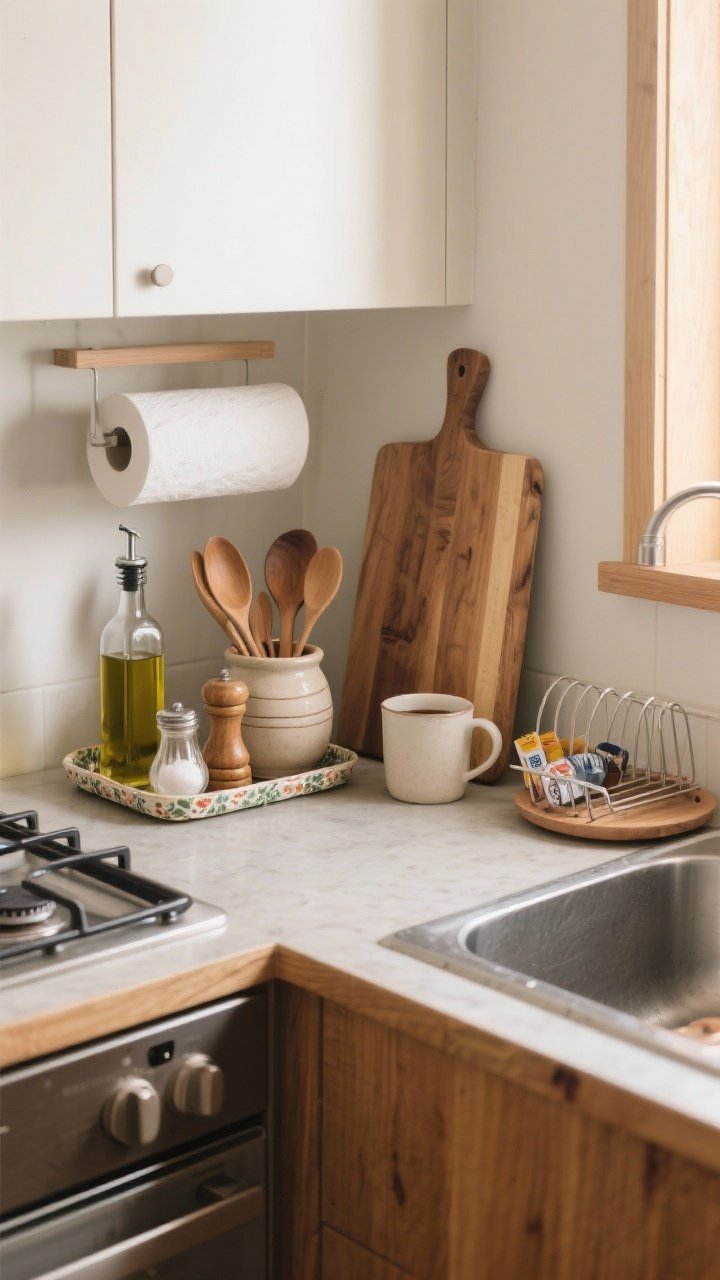 Medium shot, straight-on: Curated countertop stations in a tiny kitchen. A pretty tray corraling olive oil, salt cellar, pepper grinder, and a ceramic crock of wooden spoons beside the stove; a compact coffee caddy—a small lazy Susan with syrups and pods—near a single mug; a large wood cutting board bridging the sink as a cover to create extra prep space. Minimal appliances visible; a vertical paper towel holder mounted under the cabinet; a slim collapsible over-the-sink dish rack drying a few items. Calm, uncluttered aesthetic, warm wood and ceramic textures, soft morning light.