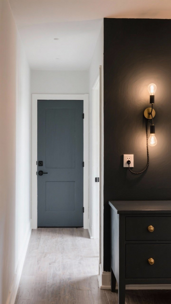 Medium shot, straight-on of a hallway vignette showcasing DIY touch-ups: a charcoal-painted interior door with updated matte black hardware, a nearby wall with a moody dark accent color, a small cabinet freshly painted with new brass knobs and pulls, and plug-in sconces with paint-matched cord covers; warm 2700K ambient lamp glow mixed with neutral daylight, polished but budget-conscious designer look.