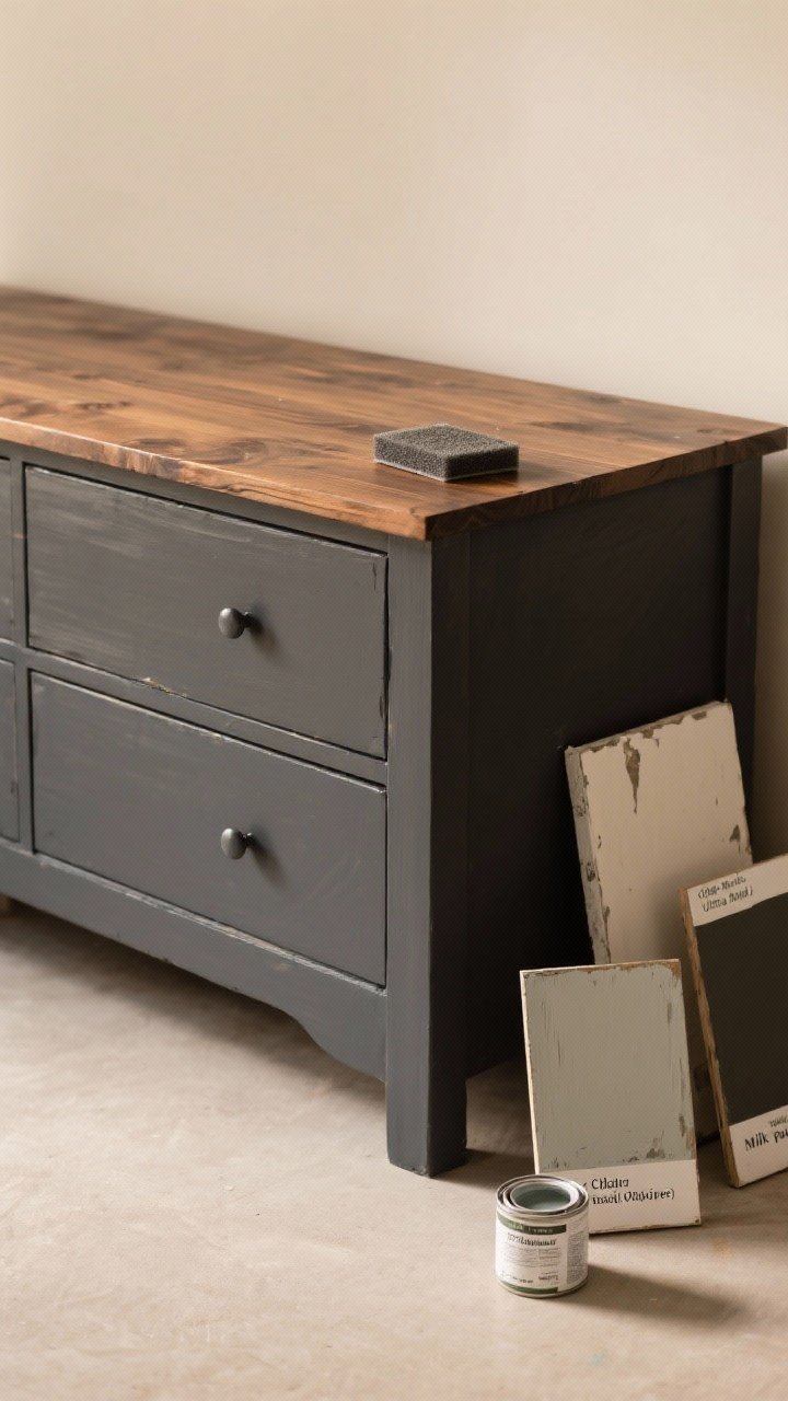 Medium shot, straight-on of a two-tone dresser makeover in progress: matte enamel-painted base in a sophisticated deep charcoal, sanded smooth between coats (320–400 grit sponge visible), and a refined gel-stained wood top showing rich grain; nearby are small labeled sample boards of chalk paint (ultra matte), milk paint with light chipping, and enamel/alkyd with a self-leveled sheen; a water-based polycrylic and an oil-based polyurethane sit to the side for topcoat choices; warm neutral studio lighting to emphasize finish depth and low glare.