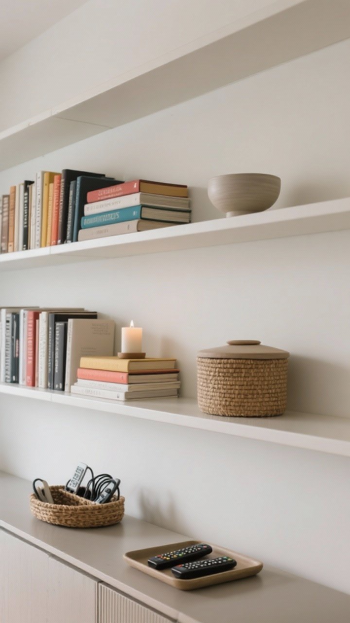 Medium shot, straight-on shelves: A pared-back bookcase edited and curated—books grouped by color, some stacked horizontally to create risers topped with a minimalist candle or a smooth ceramic bowl; negative space between objects; a discreet lidded basket hides remotes and cables on a lower shelf. A small tray on a console nearby corrals everyday items. Clean, calm, slightly luxe mood with soft daylight, photorealistic, no people.