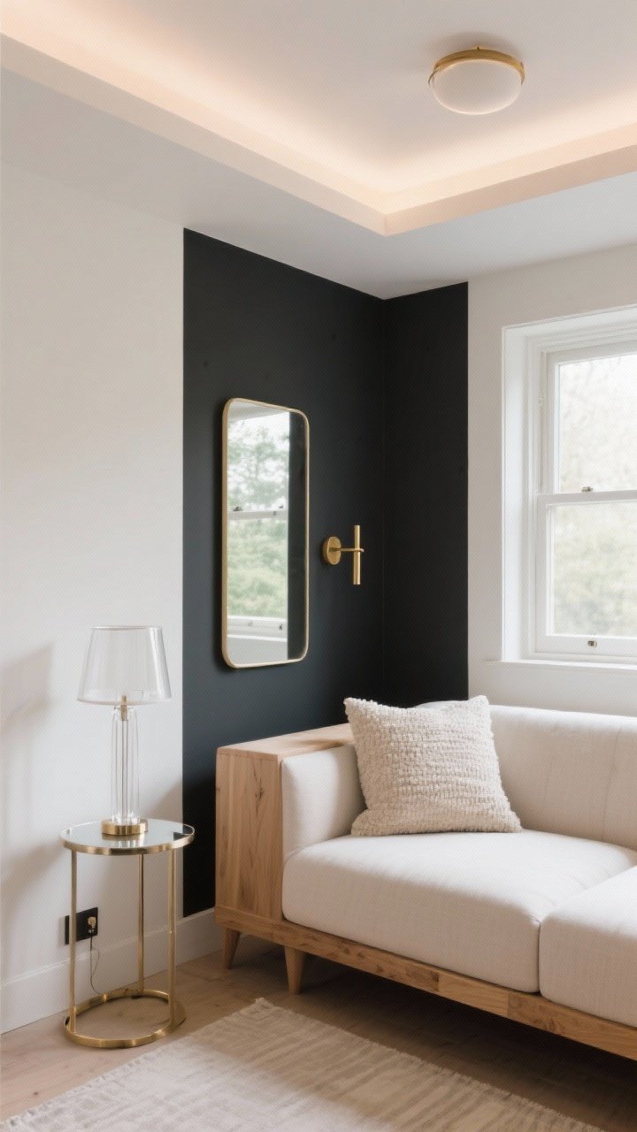 Medium shot straight-on: The space trio in action—pale warm white walls with tone-on-tone textures (bouclé pillow, linen sofa, light oak wood grain); a single deep charcoal accent wall behind a compact lounge nook for contrast; layered lighting with a ceiling fixture, a slim clear-shaded table lamp, and a plug-in brass sconce beside the sofa; a tall mirror placed directly across from a window to double daylight; small mirrored side table reflecting light; subtle brass and chrome details, photorealistic, bright but soft lighting.