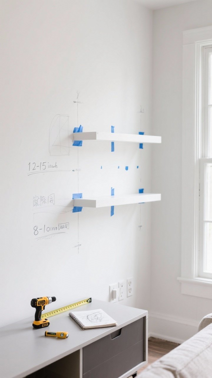 Medium shot, straight-on view: A clean white living room wall sketched with pencil marks and blue painter’s tape lines showing shelf heights and spacing, with stud locations dotted in marker; a tape measure, stud finder, level, and notebook sketch resting on a nearby console. Include notes indicating 12–15 inch spacing for living room shelves and 8–10 inch depth, with outlets and window trim lightly marked on the wall. Soft natural daylight, minimalist modern mood, no people.