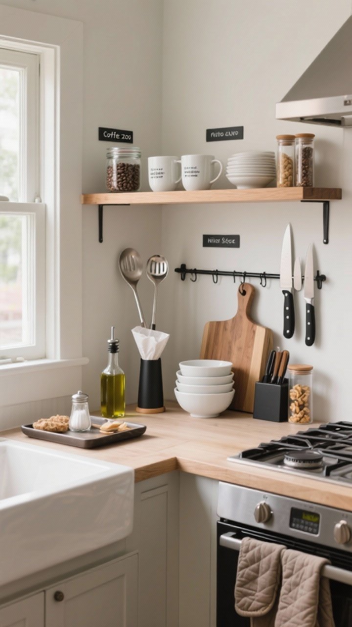 Medium shot, straight-on view: A tidy tiny kitchen corner styled like a boutique with clearly labeled micro-zones. Coffee zone on an open shelf with matching mugs, a jar of beans, paper filters in a slim holder, a metal scoop, and a small jar of sweetener; prep zone beside it with stacked cutting boards, a magnetic knife block-style stand, nested mixing bowls, and neatly arranged measuring tools; heat zone near the stove with a small tray holding olive oil, salt cellar, pepper grinder, and a pair of oven mitts. Visual cues of ruthless editing: only 2–3 spatulas in a divider, tea and snacks decanted into slim containers. Neutral palette with white dishes, warm wood, matte black accents, and simple printed labels for a clean, calm mood. Soft natural window light.