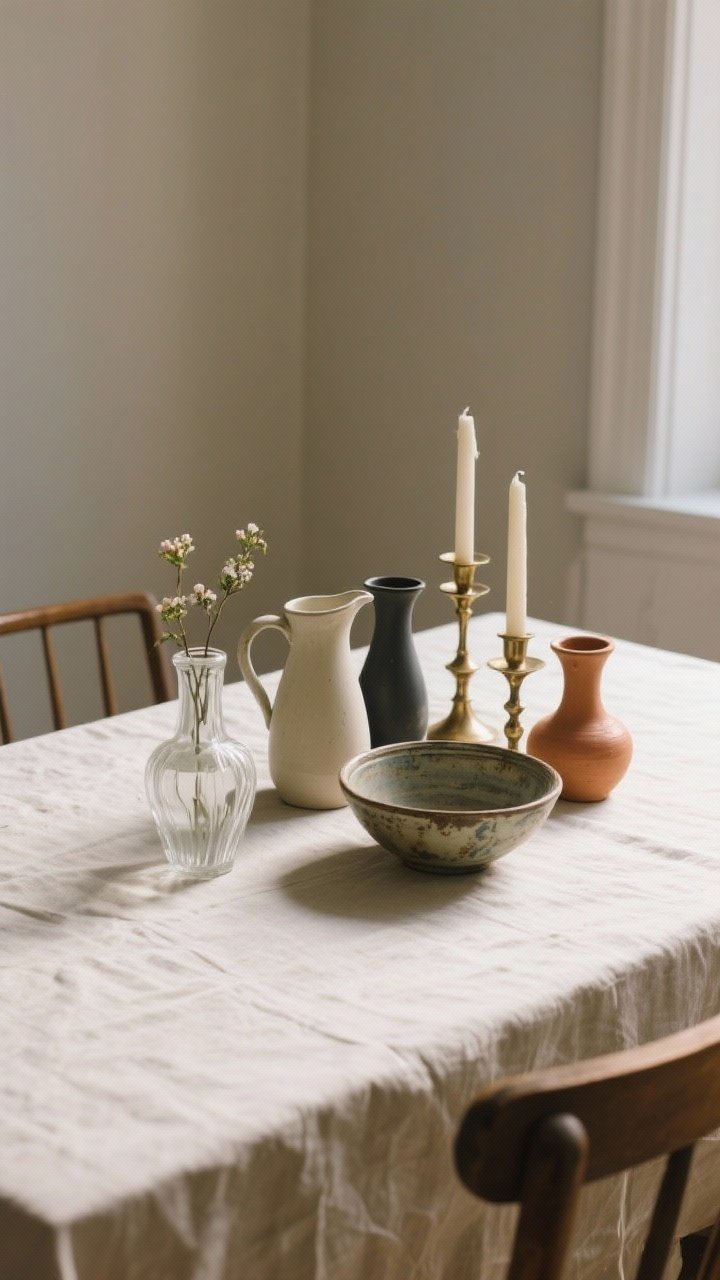 Medium shot, straight-on view of a dining table centerpiece composed of thrifted vessels: mismatched bud vases, a short pitcher, a vintage bowl, and mixed metal candlesticks arranged in an odd-number cluster of five. Keep all pieces low in height. Mix materials: clear glass, matte ceramic, and brushed brass. Some ceramics are spray-painted matte in ivory, charcoal, and terracotta for cohesion. Neutral linen tablecloth, soft natural daylight, subtle shadows, no people, photorealistic.