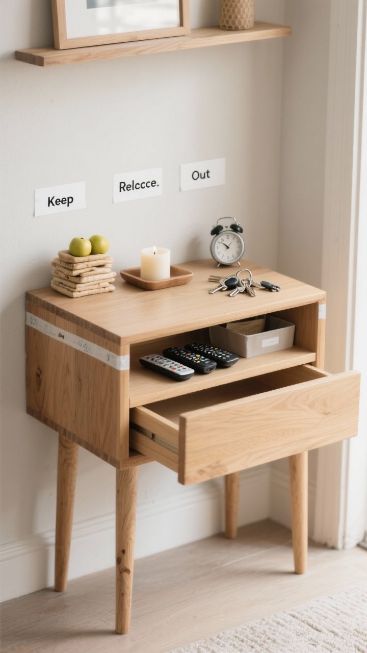 Medium shot, straight-on view of a single small zone makeover: an entry table shelf edited using the “one small zone” method. Show a simple wood console with one open drawer and a clean top surface; three neat piles labeled Keep, Relocate, Out on painter’s tape beside it. Visible items are low-hanging fruit only: duplicate remotes, a spare candle, scattered keys consolidated. Include a 15-minute kitchen timer on the surface, and a small tray where “Keep” items are placed to “give everything a home.” Neutral palette, natural wood, soft morning natural light, calm mood; no deep storage bins visible.