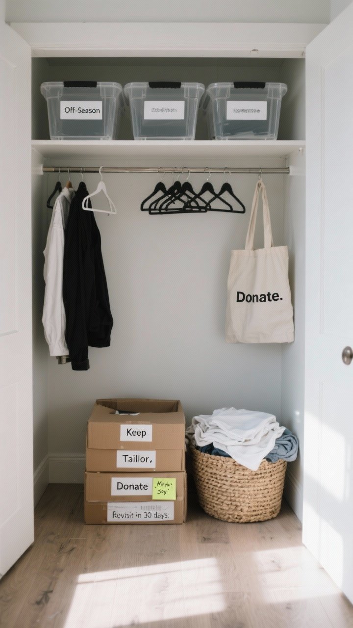 Medium shot, straight-on view of an open closet mid-declutter with four clearly labeled piles on the floor: Keep, Tailor, Donate, Maybe. Include a small sticky note on the “Maybe” pile that reads “Revisit in 30 days.” Show a few empty hangers on a rod and a tote bag labeled “Donate.” Top shelf holds clear bins with “Off-Season” labels to suggest seasonal rotate. Neutral palette with black, white, and soft gray; natural morning light; photorealistic textures of cardboard boxes, cotton tees, and a woven basket.