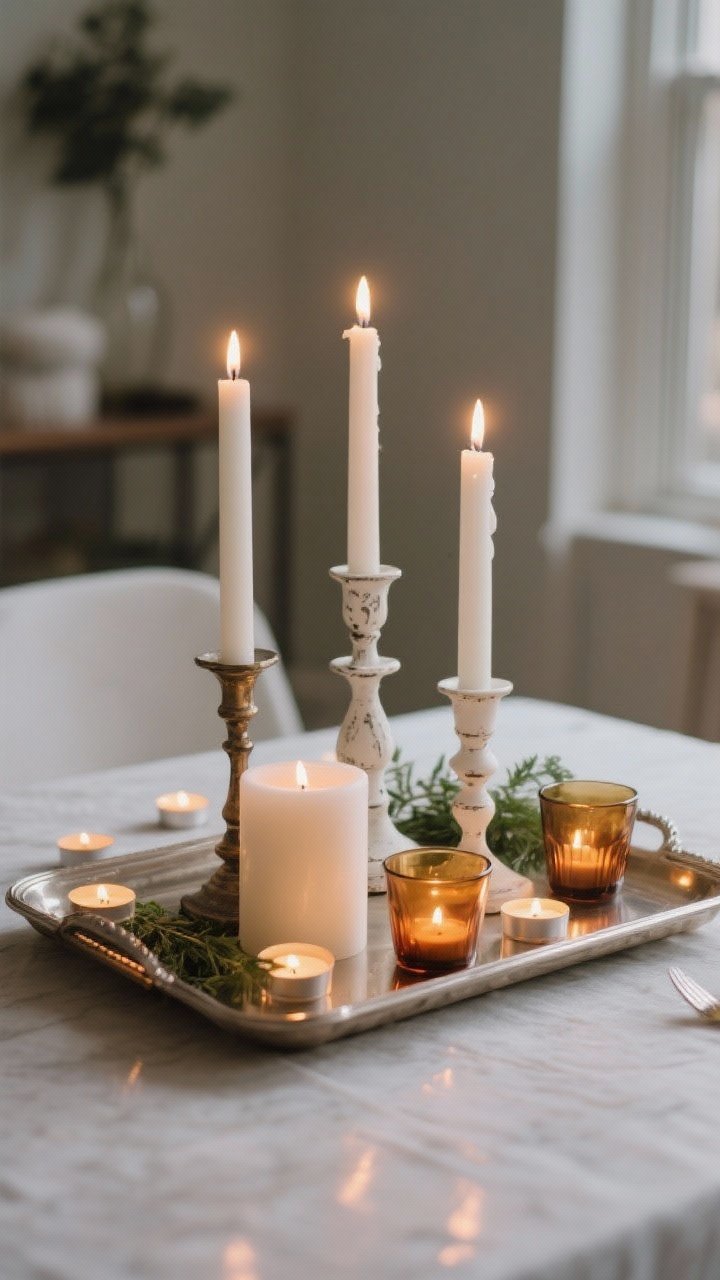 Medium shot, three-quarter angle of a candle-focused centerpiece with mixed heights and holders on a tray: an all-white palette featuring taper candles in thrifted candlesticks of varying heights, a couple of short pillar candles, and scattered tea lights in amber or smoky glass cups. Warm candlelight glow reflecting gently on the tabletop; keep flames away from any greenery and maintain a low-profile arrangement. Evening ambiance with soft, warm lighting, photorealistic.