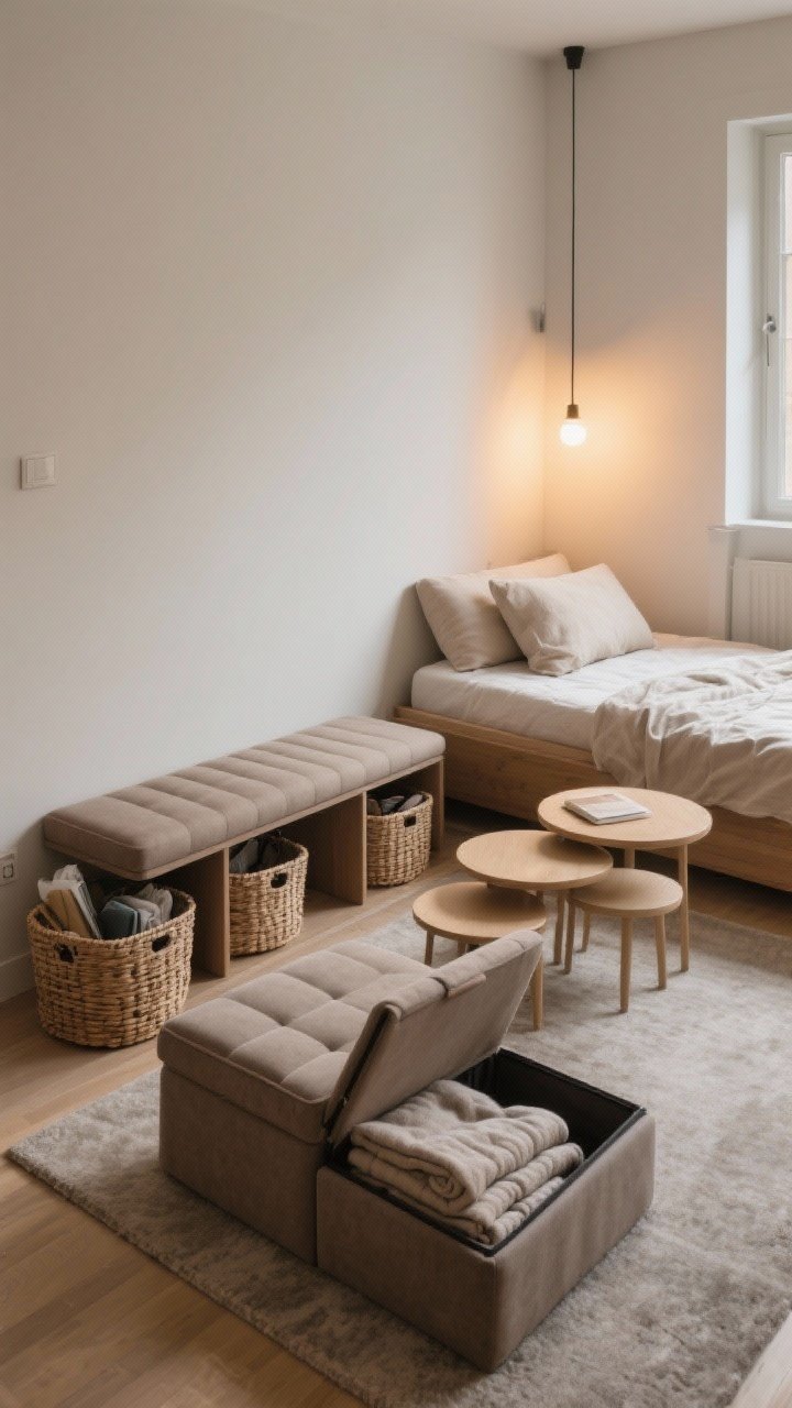 Medium shot, warm ambient lighting: A small apartment living area featuring multipurpose pieces—an upholstered storage ottoman slightly open with folded blankets inside, a slim bench with woven baskets corralling entryway clutter, a trio of nesting tables partially spread, and a linen daybed against the wall to suggest guest-bed function. Neutral silhouettes in taupe, sand, and soft gray; tidy, calm mood; three-quarter angle to show how items tuck away.