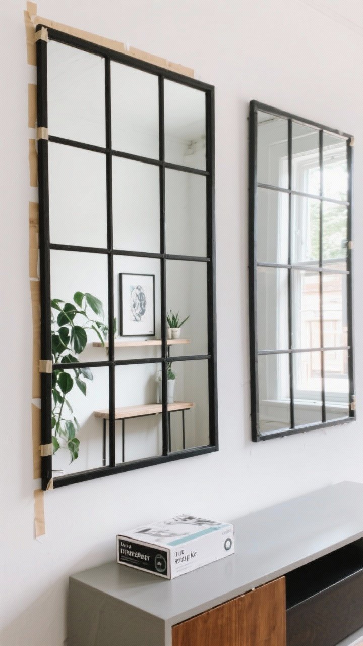 Medium, straight-on shot of a large wall mirror styled as a faux window with grid overlays. Black mullion-style thin wood trim divides the mirror into equal panes for an industrial loft feel. Painter’s tape marks faint layout lines nearby. The reflection shows a bright window, a leafy plant shelf, and a framed art piece—no clutter. Renter-friendly peel-and-stick mullion kit box on a console below. Side-by-side, a second matching mirror suggests a French door moment. Daylight washing the scene; matte black grid, clean white walls, minimal decor.