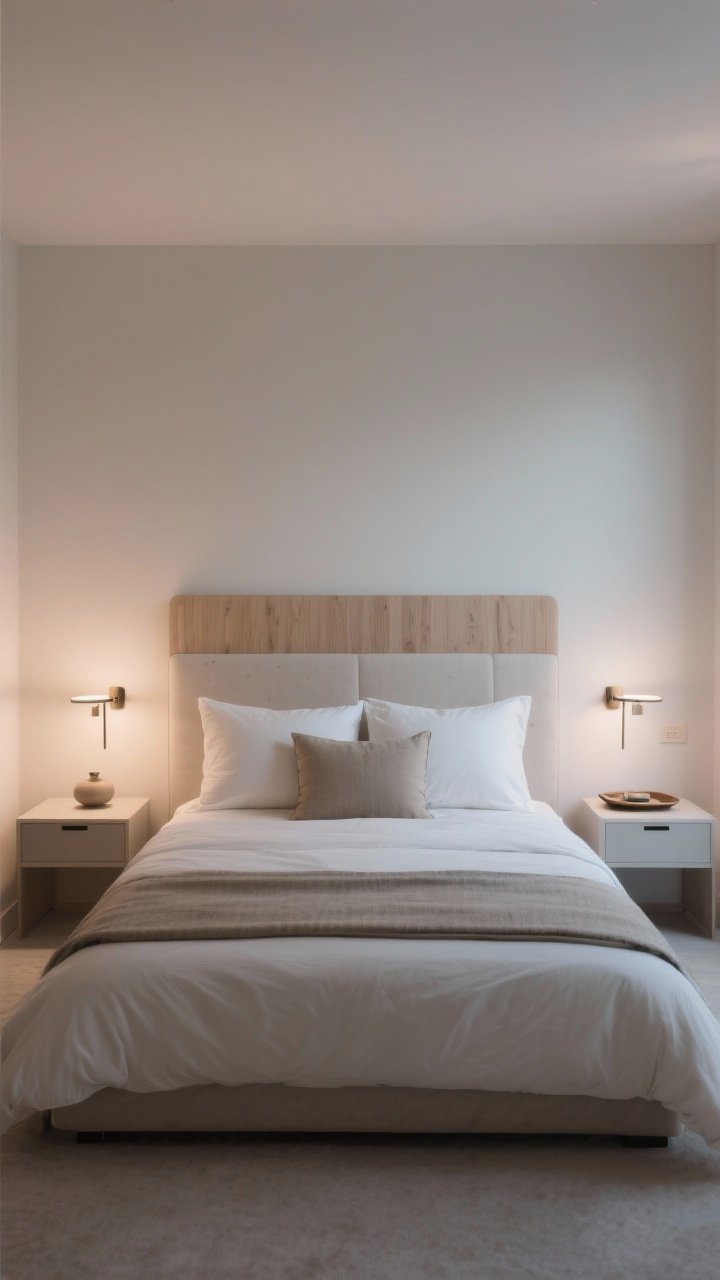 Medium straight-on shot of the bed zone as the focal point: a simple neutral upholstered or light-grain wood headboard, calm bedding with two sleeping pillows, two euro shams, and a single lumbar; symmetrical setup with matching streamlined nightstands kept 70% clear—each holding one lamp (or wall-mounted sconces), one object, and one small tray; balanced composition, soft evening light for a restful mood, photorealistic.