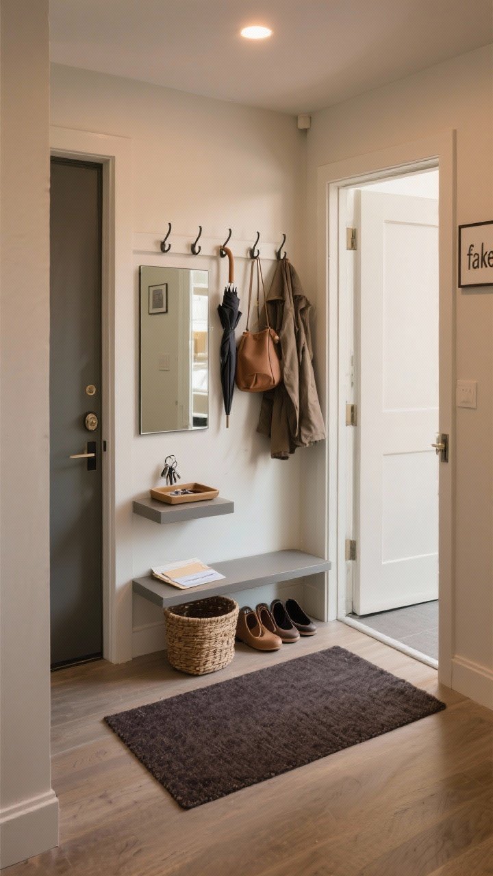 Medium, straight-on view of a “fake” entry in a small apartment: a slim console/floating wall-mounted shelf acting as a drop zone with a catch-all tray for keys and mail, vertical hook rail above for coats, bags, and umbrellas, and a mirror to bounce light and visually expand the area. A low-profile darker-toned rug (charcoal or deep taupe) defines the zone; a small basket for shoes tucks underneath. Clean, inviting, and functional, warm lighting, photorealistic, no people.