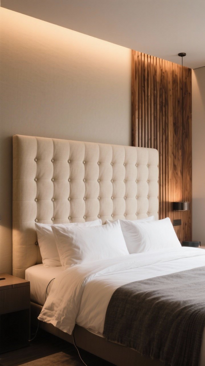 Medium, straight-on view of a queen bed featuring a tall tufted upholstered headboard in neutral beige linen with subtle buttons, boutique-hotel vibe; optional adjacent wall-mounted wood slat panel headboard in warm oak running vertically behind the bed for texture; bedding kept minimal to emphasize the headboard; soft, warm ambient lighting (2700–3000K) casting gentle shadows to highlight the tufting and slat texture; color palette: beige, taupe, charcoal accents; no visible cords; overall curated, designer look.