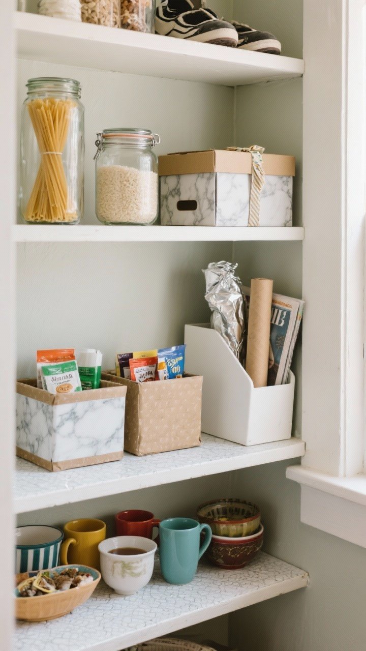 Medium, straight-on view of a small pantry shelf styled with repurposed household items: mismatched glass jars and vases holding pasta and rice, a couple of shoe boxes and gift boxes neatly wrapped in matte marble and kraft contact paper as bins, colorful mugs and small bowls corralling tea bags and seasoning packets, and a white magazine file turned on its side storing aluminum foil and parchment rolls upright; shelves lined with a wipeable white shelf liner for a fresh, clean look; soft natural daylight from the side, cozy thrifted vibe, no people.