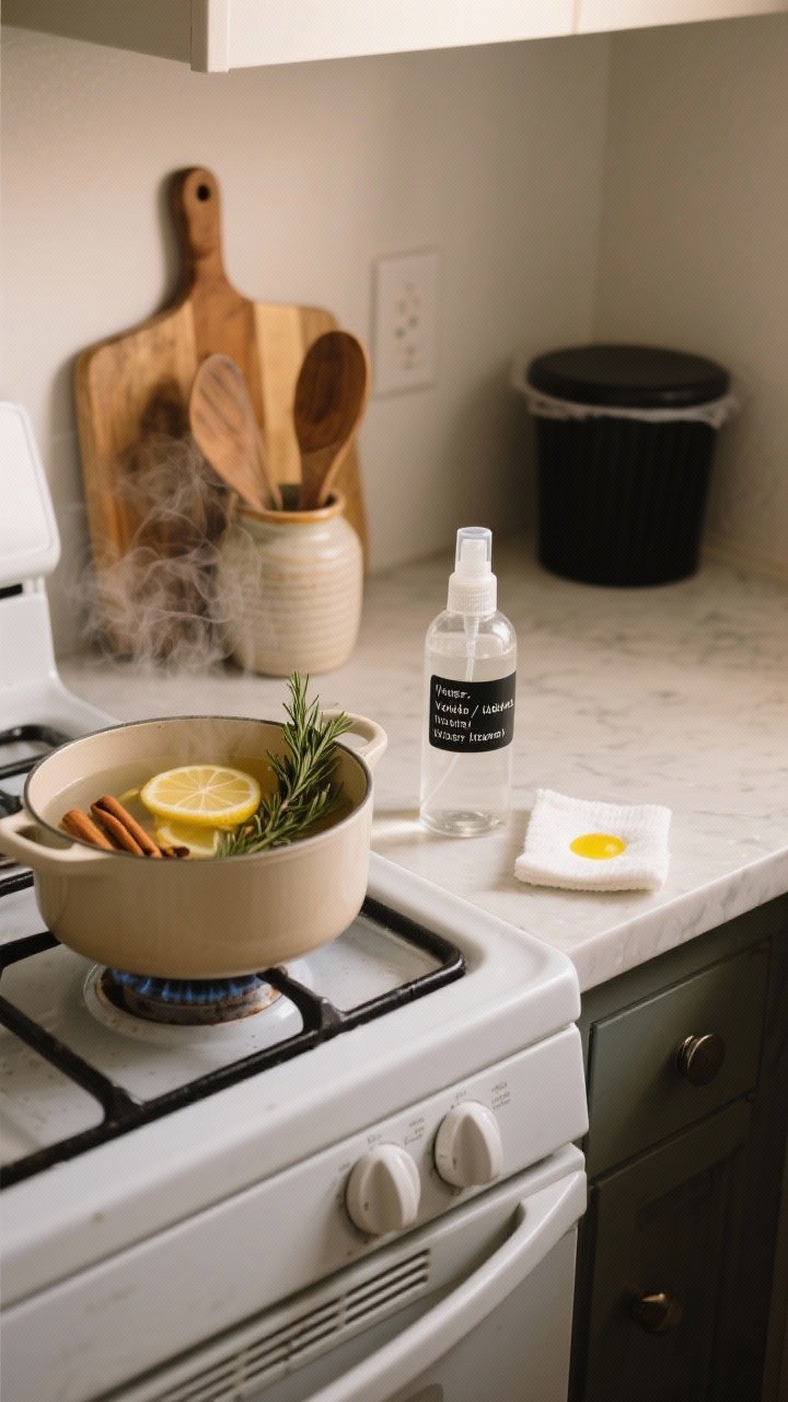 Medium, straight-on vignette of a serene kitchen stove corner: a small simmer pot on the back burner with visible lemon slices, rosemary sprigs, and cinnamon sticks in gently steaming water; beside it, a clear glass DIY room spray bottle labeled with simple black text, ingredients listed (water, vodka/witch hazel, essential oil); a discreet cotton pad with a drop of lemon oil resting near a matte black trash bin. Warm, cozy light, subtle steam, natural materials (wood cutting board, ceramic utensil crock), and restrained, airy ambiance.
