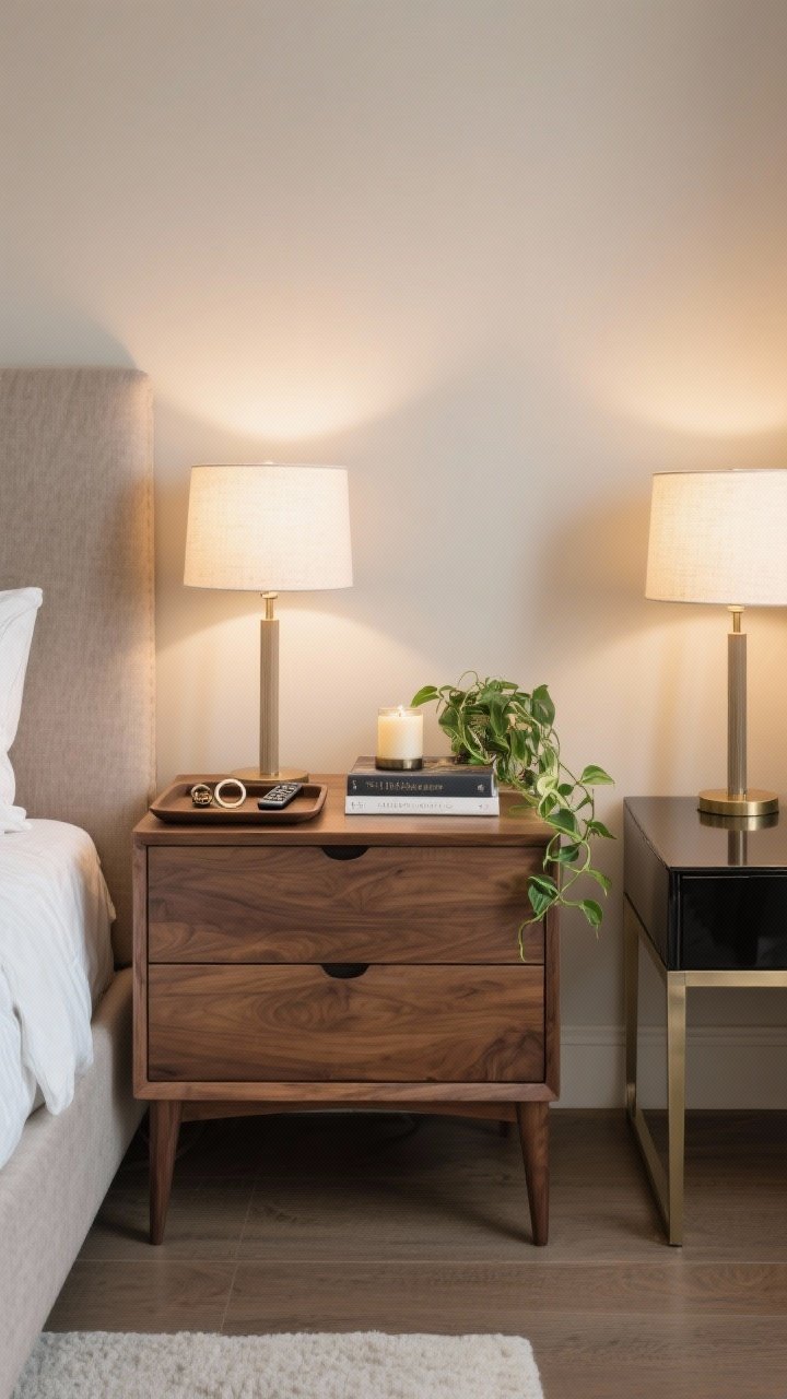 Medium, straight-on vignette of contrasting nightstands: upholstered bed partially visible with wood nightstands featuring drawers; styled tops include a low-profile tray/catchall with rings and a remote, a short stack of two books topped by a candle, and a small faux pothos plant; matching lamps at similar height for balance; alternate option visible on opposite side: a lacquer or slim metal-frame table for contrast; warm, even bedside lighting; tight-space-friendly proportions.