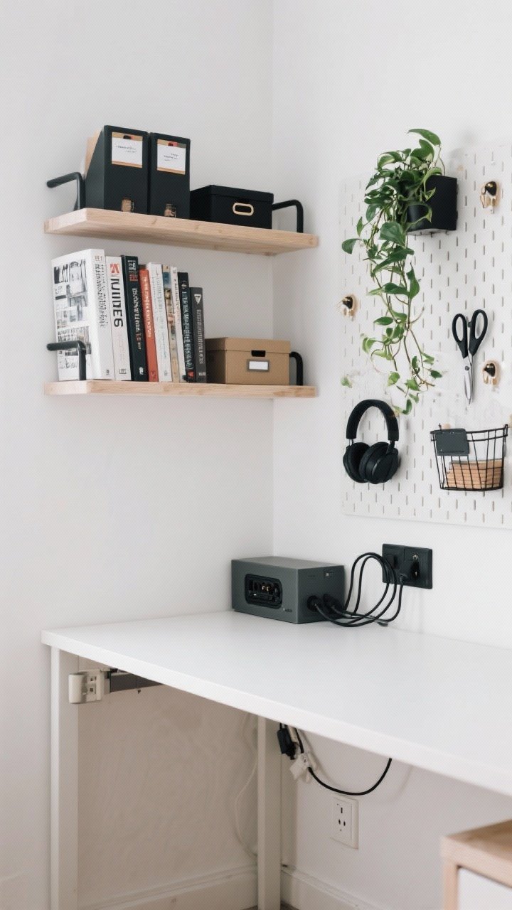 Medium vertical-focused shot: A compact desk with the surface clear, flanked by vertical storage—two floating shelves above styled with a mix of books, labeled magazine files, small storage boxes, and a trailing plant; a pegboard to one side holding scissors, headphones, and mini baskets; impeccable cable management with adhesive clips guiding cords into a cable box and an under-desk power strip; clean white walls, light wood shelves, matte black accessories; photorealistic, straight-on perspective