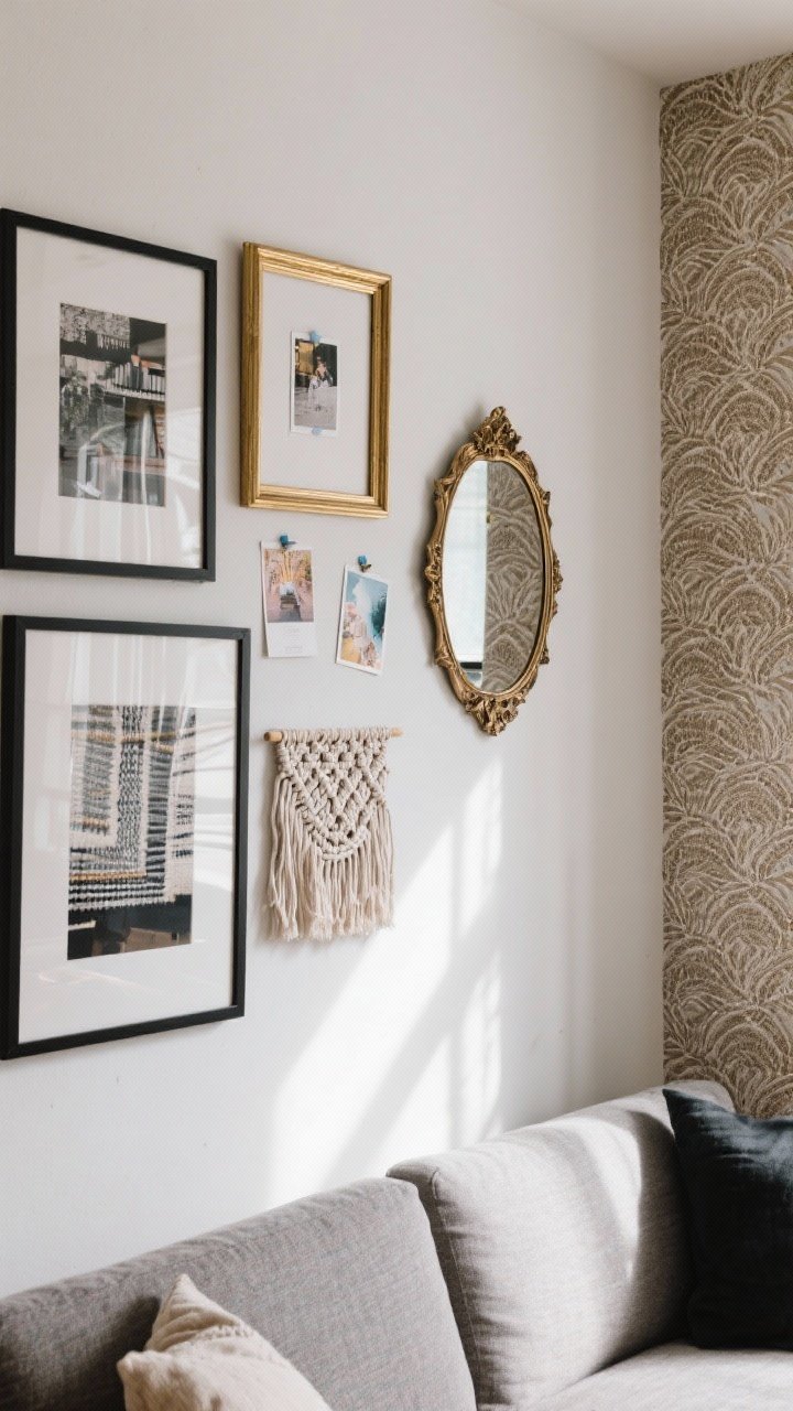 Medium wall view, straight-on: a rental-friendly styled wall. A cohesive gallery wall mixing black and brass frames with postcards, a small textile piece, and one vintage mirror; all hung with Command strips, perfectly level. On an adjacent wall section, a removable wallpaper accent behind a sofa creates drama. Textural warmth via a woven wall hanging. Daylight with gentle shadows, photorealistic, no people.