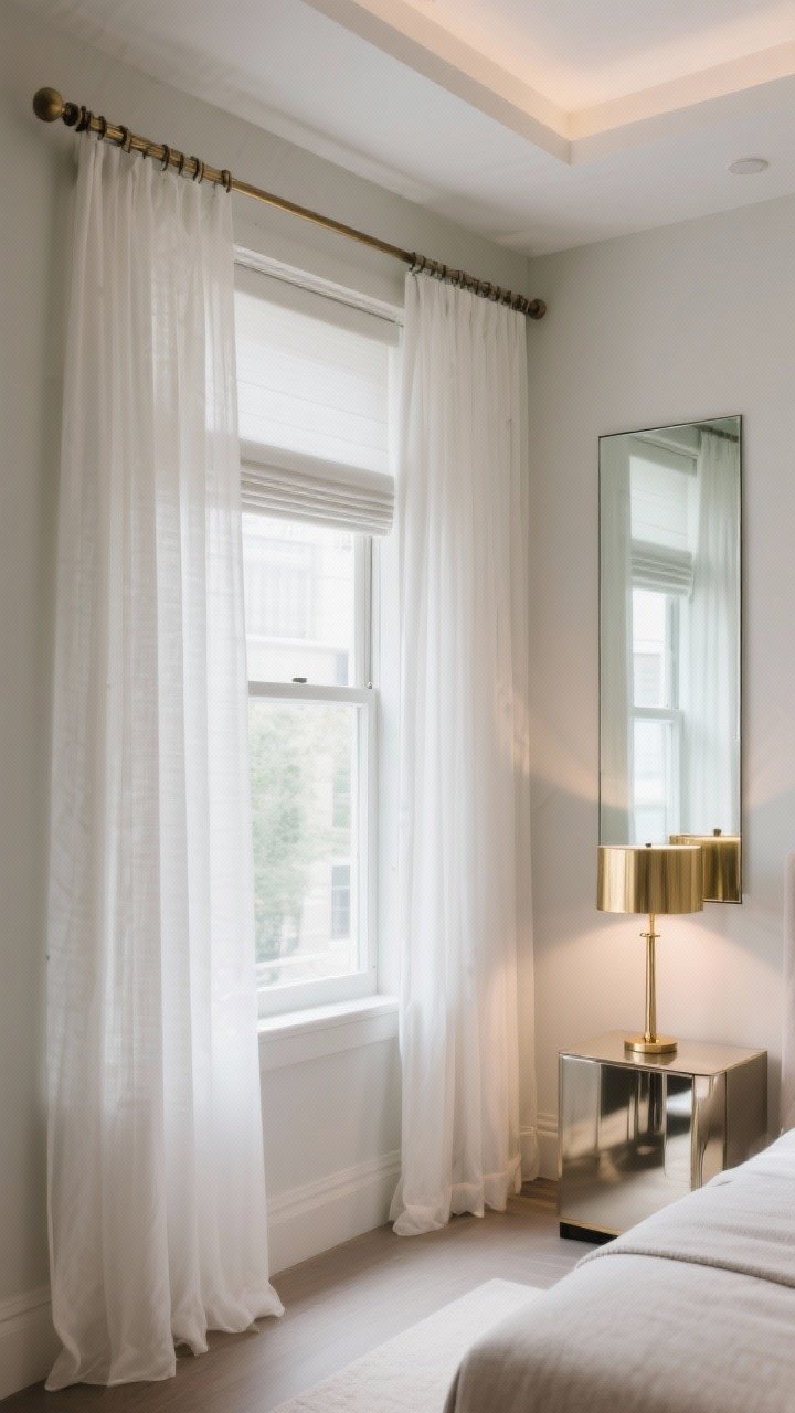 Medium-wide window wall emphasizing light tricks: curtain rods mounted 10 inches above the window and extended wide so drapery makes the window appear taller and wider; layered window treatments with airy white sheers over discreet roller blackout shades; a large rectangular mirror on the opposite wall reflecting the window and doubling light; subtle metallic accents like a brass floor lamp and a glossy side table catching highlights; layered lighting present but not harsh; angled perspective from the room’s corner.