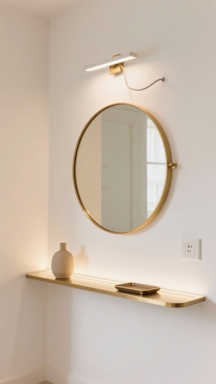 Mirror-led light enhancement, straight-on medium shot: a round brass-framed mirror above a narrow floating shelf + mirror combo; a single plug-in sconce above the mirror for flattering even light, cord hidden with a paintable cover matching the wall; an LED strip under the floating shelf casting a subtle luxe glow on the wall; hardware and mirror frame in cohesive brass; walls in warm white; clean, minimal styling on the shelf (one small vase and a tray); bright, balanced lighting showing light bounce and visual expansion; photorealistic.