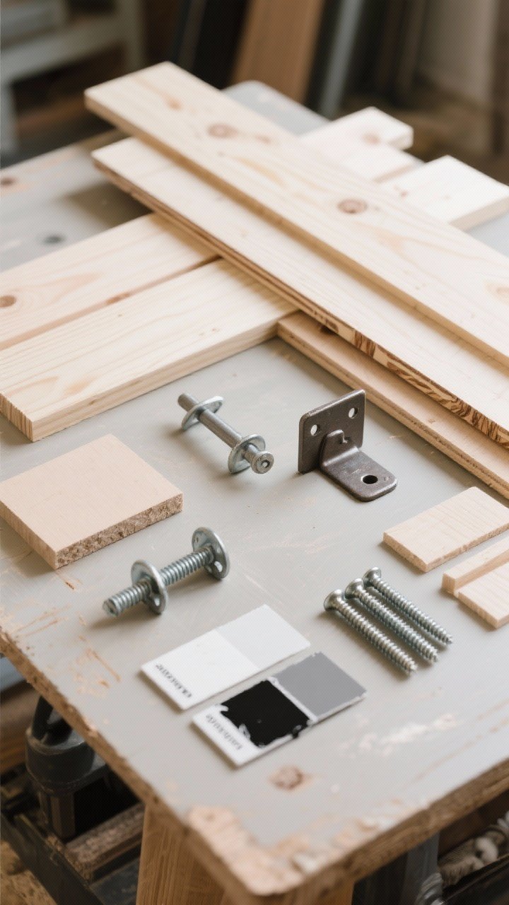 Overhead detail shot: A flat lay of budget-friendly materials on a workshop table—straight pine and poplar boards, a strip of birch/oak veneer edge banding with a small iron, rod-style and flange-style hidden brackets, a simple plywood French cleat, lag screws, heavy-duty anchors, and sample swatches of water-based stain and satin black/white paint. Neutral, well-lit scene emphasizing texture of wood grain and metal hardware, “style without splurging” vibe.