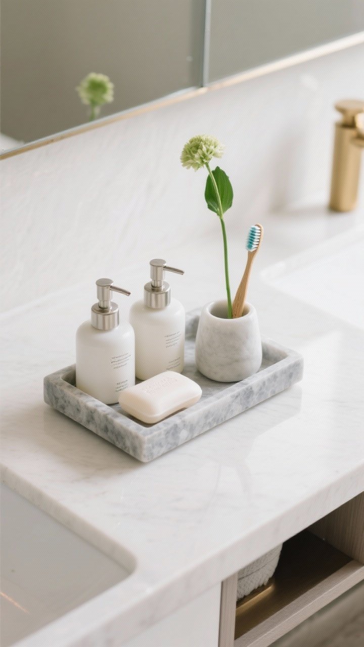 Overhead detail shot of a boutique-hotel-styled countertop: a rectangular stone or resin tray corralling matching pump bottles for soap and lotion (decanted, no labels), a toothbrush in a simple holder, and a single green stem in a bud vase. Surrounding counter is clear and uncluttered, with extras hidden. Neutral tones (stone, white, soft gray) and a hint of brass in a small accessory. Soft, diffused daylight; crisp, intentional arrangement with 3–5 items max.