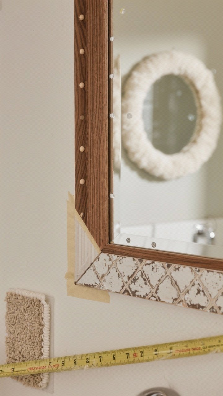 Photorealistic closeup detail shot: a builder-grade rectangular bathroom mirror being transformed with an unexpected frame. Show three edge samples meeting at a mitered corner: stained wood trim with crisp 45-degree joint, vertically lined half-round dowels for a ribbed Scandinavian texture, and a section of antique pressed ceiling tile with aged white paint and sealed edges. Include a small swatch of boucle-wrapped pool noodle framing a round mirror in the background for a puffy sculptural vibe. Use mirror-safe adhesive dots and a thin spacer creating a subtle shadow gap to “float” the frame. Neutral wall, soft natural bathroom light, tape measure and painter’s tape visible for “measure twice, cut once.”