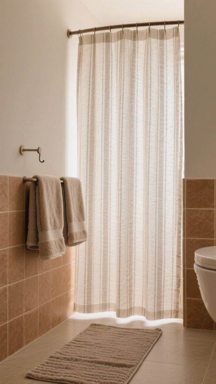 Photorealistic closeup/detail shot of textiles doing the visual lifting: an extra-long floor-to-ceiling shower curtain hung high on a curved rod, in thin neutral stripes that align with the undertone of warm tile; a plush towel set (two bath towels and a hand towel) in a coordinated palette folded on a hook and bar; a low-pile, washable runner in a narrow space subtly elongating the floor; soft, flattering ambient light; no people.